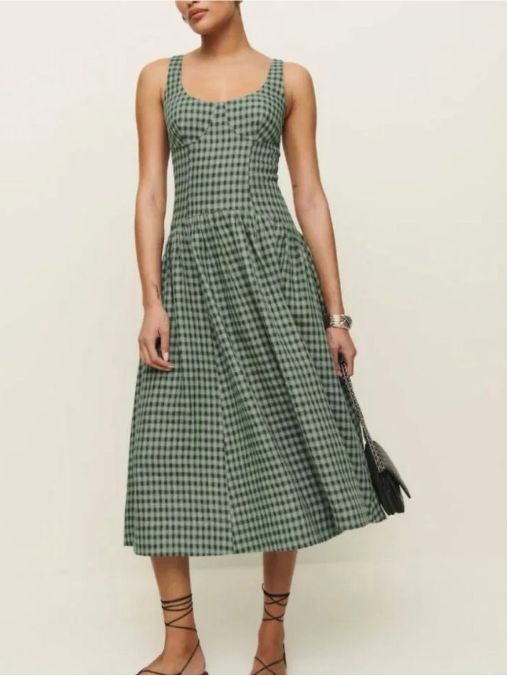 Reformation Roslyn Linen Dress Green Gingham Size 4 - Picture 4 of 4